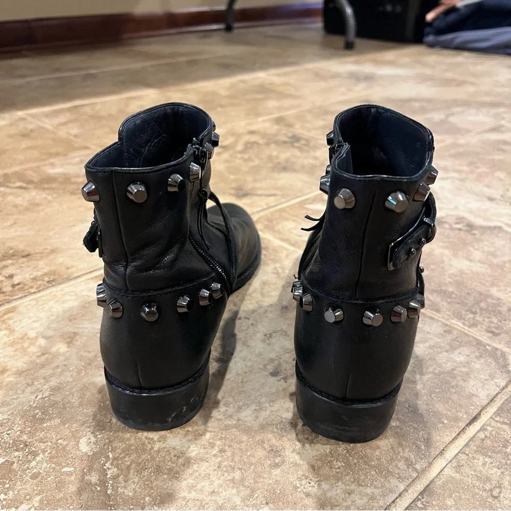 Stuart Weitzman Nappa Leather Silver Studded Moto Boots - Picture 6 of 9